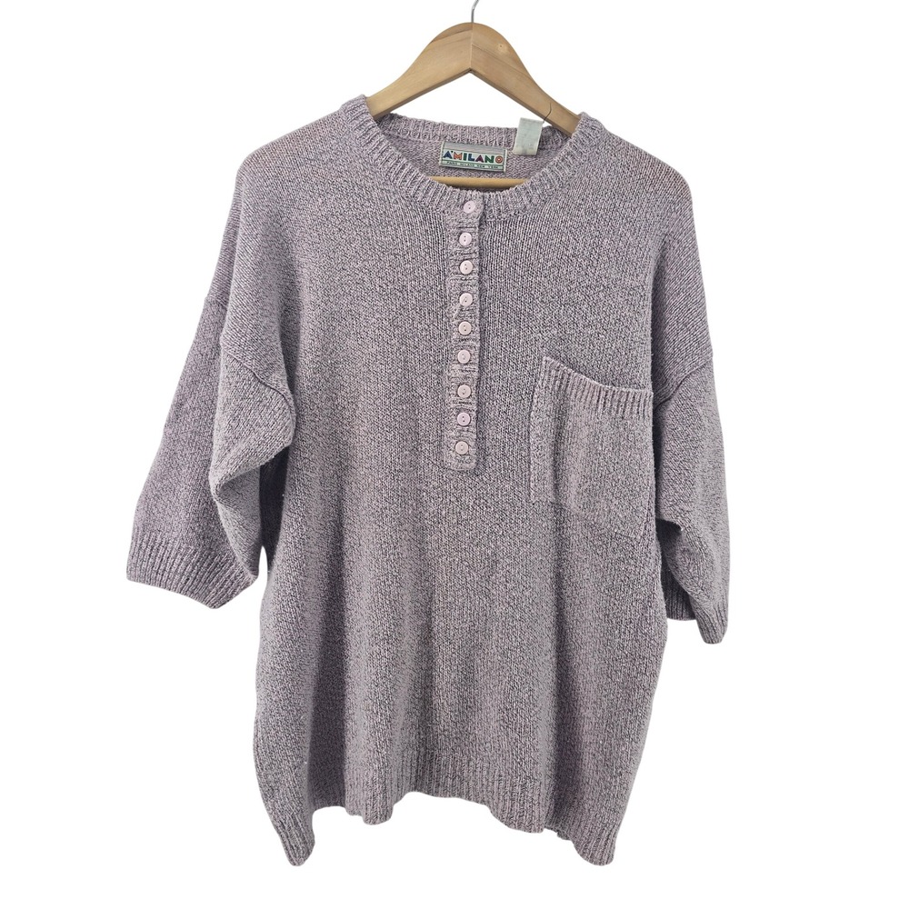 A'Milano Sweater Women Large Purple Henley 3/4 Sleeve Ramie Blend Vintage Pocket